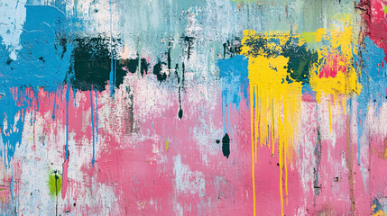 Messy paint strokes and smudges on an old wall, showcasing a textured background of graffiti with colorful drips and paint sprays.
