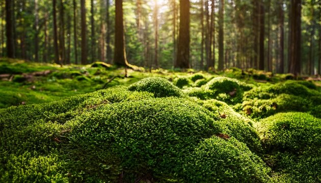 lush green moss carpet on forest floor nature scene tranquil environment close up viewpoint serenity concept