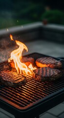 Grilled steaks cooking over flames on a barbecue grill.