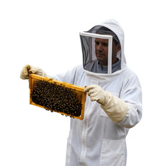 A Beekeeper in a Full Protective Suit Inspecting a Honeycomb Frame from a Beehive on isolated transparent background.