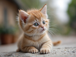 Fluffy kitten with striking green eyes sits attentively with paws visible, blurred greenery and structure in background. Perfect for pet adoption campaigns and cute animal content.