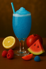 A glass of a blue raspberry slushy