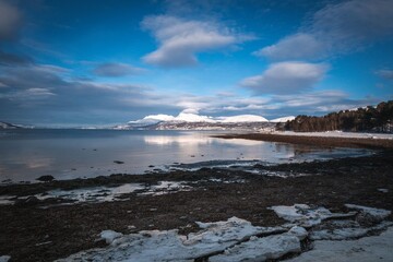 Winter mountain landscape with a tranquil lake.
