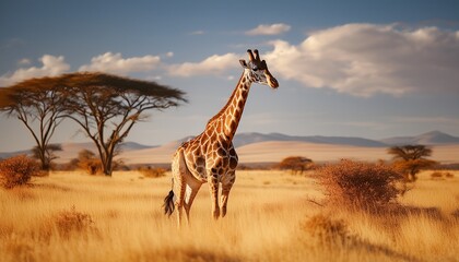 Obraz premium grandeur of giraffe gracefully traversing expansive african savanna encapsulates ethereal essence of golden grasslands boundless horizons and breathtaking magnificence of this emblematic african c