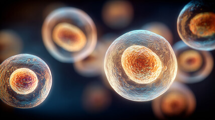 Human egg cells with luminous nuclei side by side, conveying fertility, genetic inheritance and the science of assisted conception in modern medicine.
