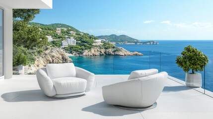 White outdoor armchairs on a patio overlooking a seaside landscape.