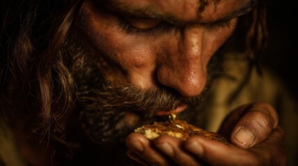 John the Baptist sits in a desert setting eating locusts and honey a biblical scene capturing his simple humble life in raw natural light.