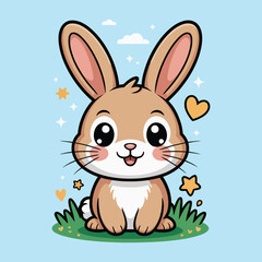 A Cute Cartoon Bunny Rabbit Sitting in Grass on a Spring Day, Whimsical Bunny Rabbit Illustration with Hearts and Stars on Pastel Blue