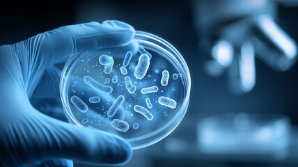 Gloved scientist holding a sterile petri dish filled with bacteria colonies, representing microbiology analysis, contamination control and clinical diagnostics in modern laboratories.