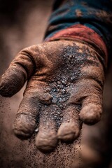 Obraz premium A weathered hand with a glove holds dark soil, showcasing the texture and richness of the earth. This moment captures the essence of farming and land cultivation during the daytime