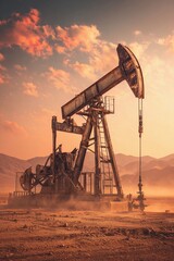 Fototapeta premium An oil drilling rig extracts resources in a vast desert landscape at sunset, surrounded by stunning mountains and colorful clouds. The scene captures the rugged machinery in action