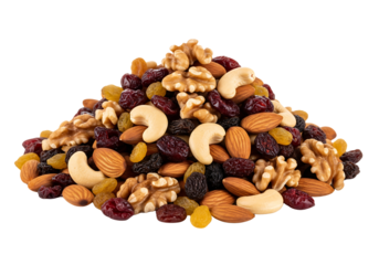 Pile of healthy trail mix with almonds, walnuts, cashews, and dried fruit. Isolated on transparent background, png