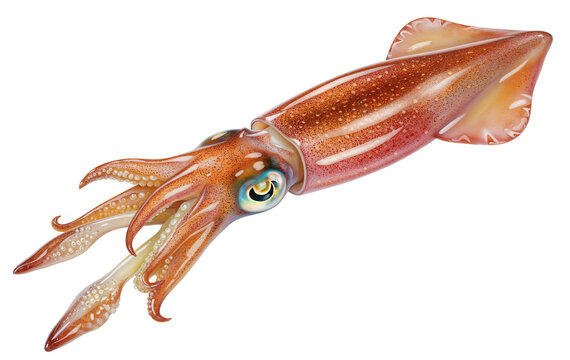 Squid (Teuthida) PNG, transparent background, detailed view of tentacles and mantle.