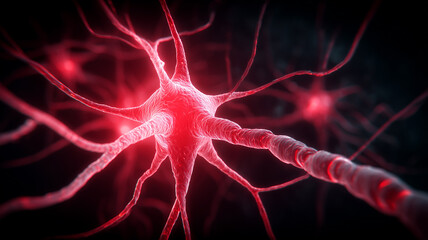 A glowing red neuron with a long axon fires intensely across the dark background.
The image communicates pain signaling disease study and energetic transmission inside the nervous system.