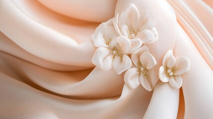 Soft peach fabric draped with delicate flowers
