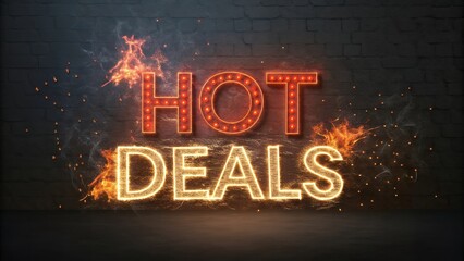 Hot deals glowing neon sign with fire and smoke on dark background