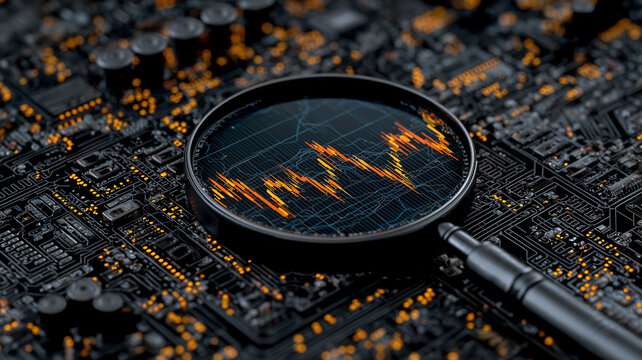 Magnifying lens over electronic board displaying volatile signal waveform captures real time diagnostics of embedded systems. 