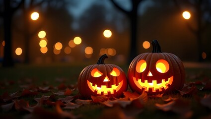 Glowing carved pumpkins on autumn leaves at night halloween jackolanterns