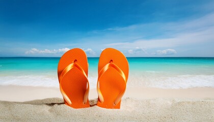 orange flip flops standing in sand on sunny beach with turquoise sea and blue sky in soft background symbolizing summer vacation mood