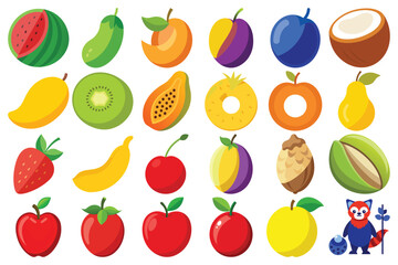 A colorful assortment of fresh fruits and a cute cartoon character