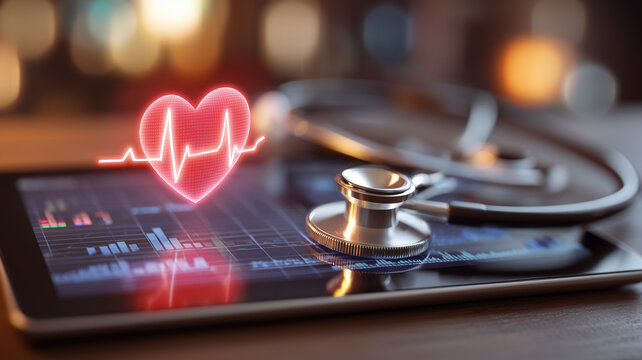 Glowing Heart Icon with EKG Trace Hovering over Tablet Beside Stethoscope Symbolises Connected Care and Real Time Vital Tracking.