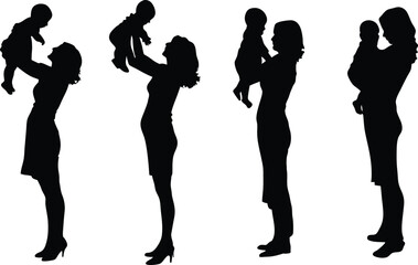 Silhouettes set Collection of mom and dad holding their children. Family walking and playing together with kids vector silhouette. mother, baby, children, holding, silhouette, tender, lifting, caring
