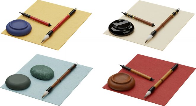 Assortment of ink writing sets on colored papers