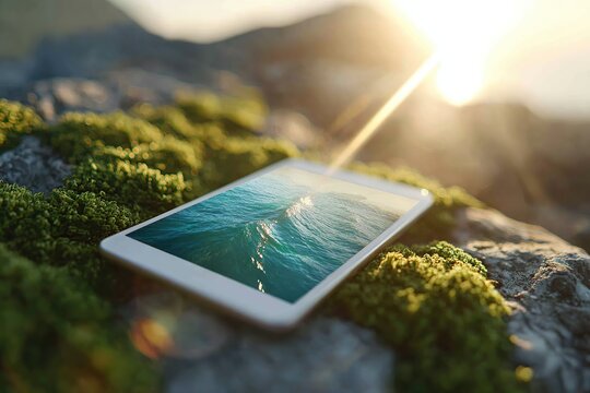 Placeholder screen on a smartphone resting on mossy rocks by the ocean at sunset