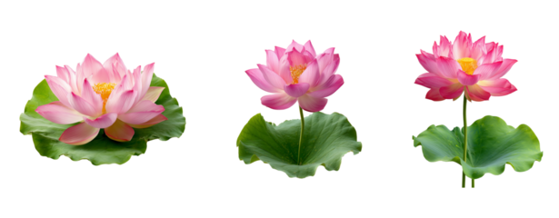 Pink lotus flowers with green leaves set 