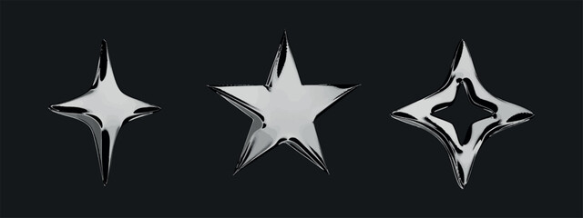 3D Y2K chrome Star sparkle designs in silver glow with sharp pointed edges. Created for futuristic gleam and symmetry with digital polished light. Shiny and vibrant for cosmic visuals.