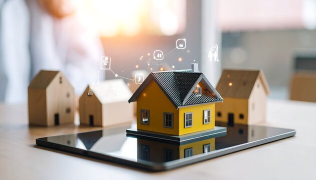 Miniature houses on tablet, digital overlays