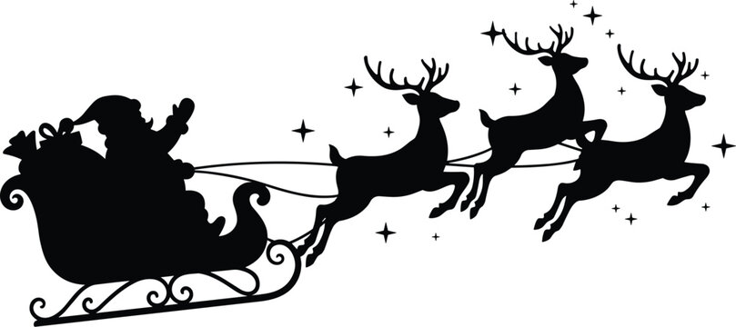 Santa Claus sleigh silhouette vector, flying reindeer pulling gift-loaded sleigh with stars, black Christmas illustration on white background, isolated festive artwork for stock - Powered by Adobe