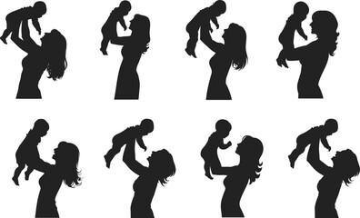Silhouettes set Collection of mom and dad holding their children. Family walking and playing together with kids vector silhouette. mother, baby, children, holding, silhouette, tender, lifting, caring