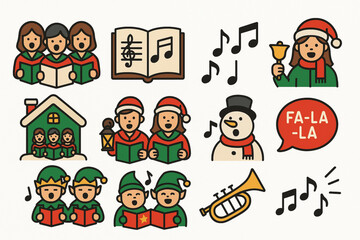 Fototapeta premium Set of Christmas Carol Icons in Flat Vector Style