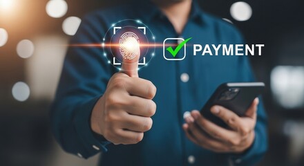 A man gives a thumbs-up gesture, with a glowing fingerprint and a "PAYMENT" checkmark overlay, symbolizing secure digital payments, biometric authentication, mobile banking, and modern financial techn