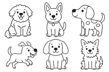 Vector set of puppies, dogs doodle style line art illustration