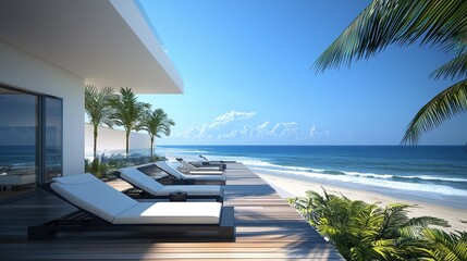Oceanfront deck with sun loungers and palm trees.