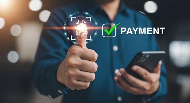 A man gives a thumbs-up gesture, with a glowing fingerprint and a "PAYMENT" checkmark overlay, symbolizing secure digital payments, biometric authentication, mobile banking, and modern financial techn - Powered by Adobe