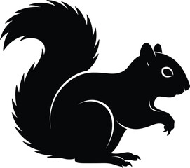 Squirrel silhouette vector, forest animal in upright pose with bushy tail and raised paw, black wildlife graphic on white background, isolated artwork for stock use