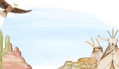 Watercolor horizontal frame with Native American elements like teepee, eagle, cactus and drums. White and blue background. Ideal for banners, cards or posters, indigenous peoples day