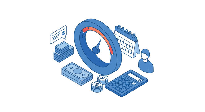 Isometric business performance analysis with speedometer and calculator