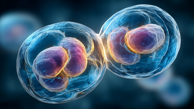 Sister Cells Locked in Symmetrical Embrace at the Exact Moment of Cytokinesis. Celebrates the elegance of mitosis and the flawless choreography that sustains life through continual cellular renewal
