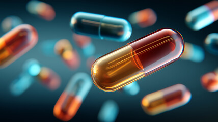 Floating Pharmaceutical Capsules Glinting under Laboratory Lights in Mid Air Suspension. Represents drug innovation and the continuous evolution of targeted oral therapeutics in modern healthcare 