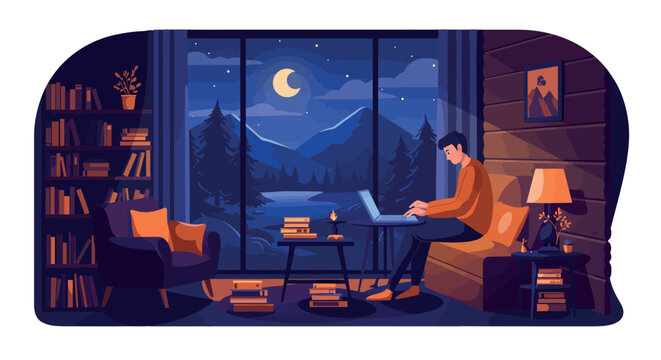 Cozy nighttime workspace: man on laptop by a moonlit mountain view