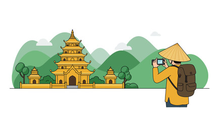 Naklejka premium Tourist capturing a buddhist temple with scenic mountain backdrop in flat design