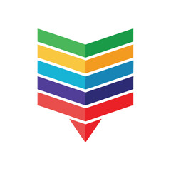 Colorful Stacked Chevron Arrow. Dynamic abstract downward pointing pointer. Vivid layers of distinct hues create a modern, progressive graphic. Represents flow and diversity.