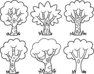 Hand Drawn Tree Set – Black and White Cartoon Tree Line Art Collection