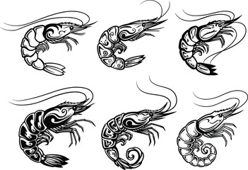 Shrimp silhouette vector set, six decorative seafood illustrations with ornate shell designs, black graphic on white background, isolated culinary artwork for stock image use