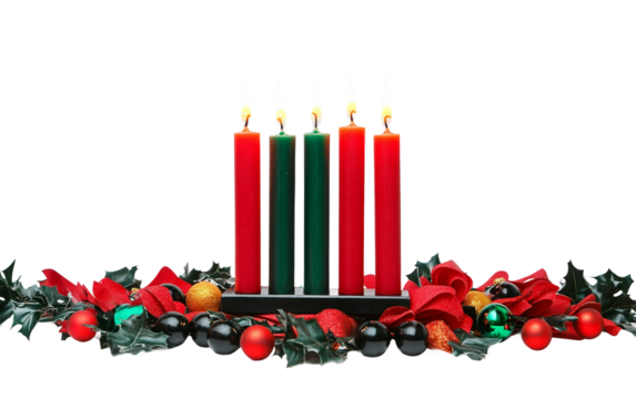 Kwanzaa candleholder surrounded by a festive arrangement symbolizing tradition and celebration isolated on transparent background PNG