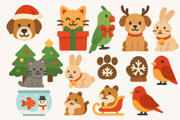 Set of Christmas Pet Icons in Flat Vector Style